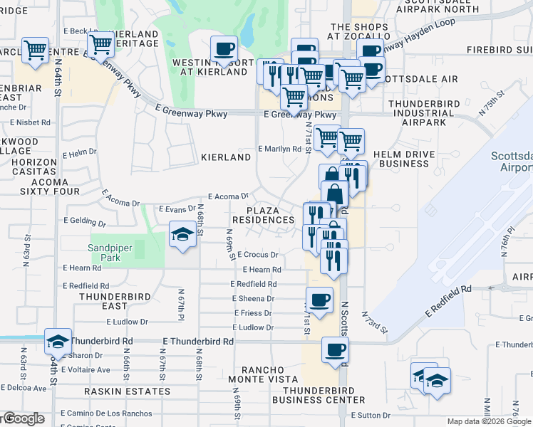 map of restaurants, bars, coffee shops, grocery stores, and more near 7009 East Acoma Drive in Scottsdale