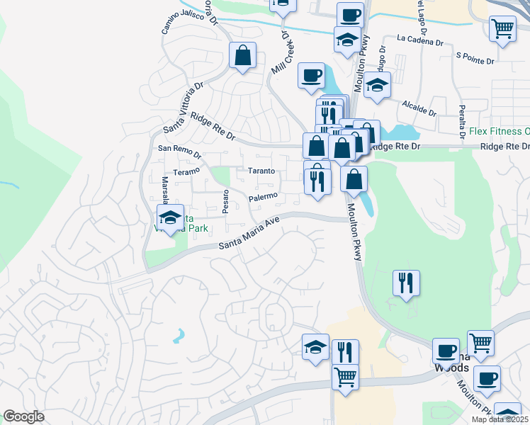 map of restaurants, bars, coffee shops, grocery stores, and more near 22522 Rimini in Laguna Hills