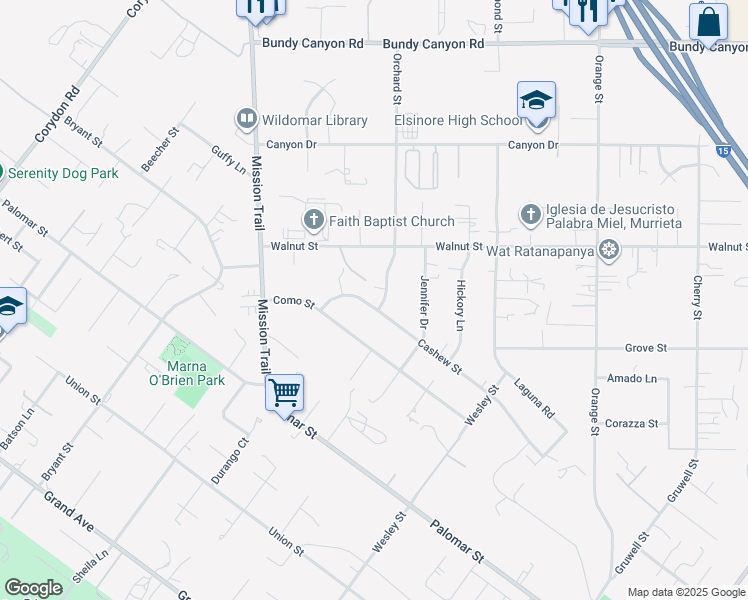 map of restaurants, bars, coffee shops, grocery stores, and more near 20718 Cashew Street in Wildomar