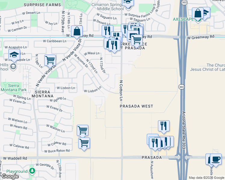 map of restaurants, bars, coffee shops, grocery stores, and more near 17157 West Lisbon Lane in Surprise