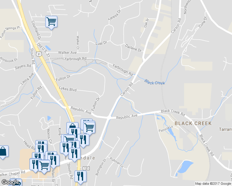 map of restaurants, bars, coffee shops, grocery stores, and more near 1843 Carson Road in Birmingham