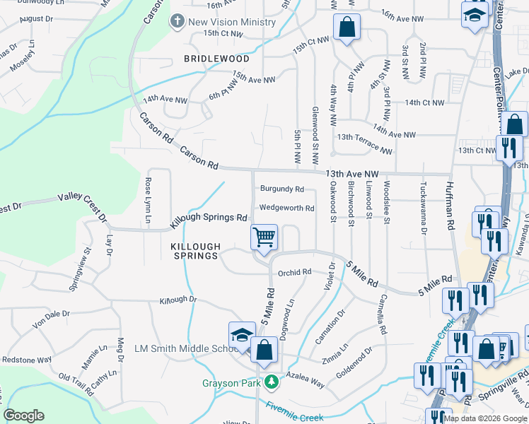 map of restaurants, bars, coffee shops, grocery stores, and more near 445 Wedgeworth Road in Birmingham