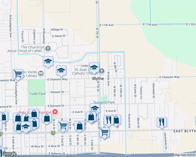map of restaurants, bars, coffee shops, grocery stores, and more near in Blythe