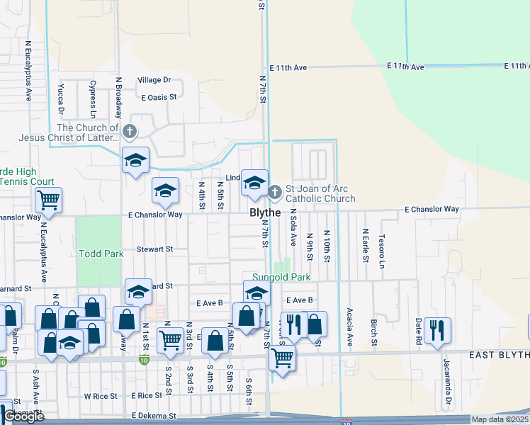 map of restaurants, bars, coffee shops, grocery stores, and more near in Blythe