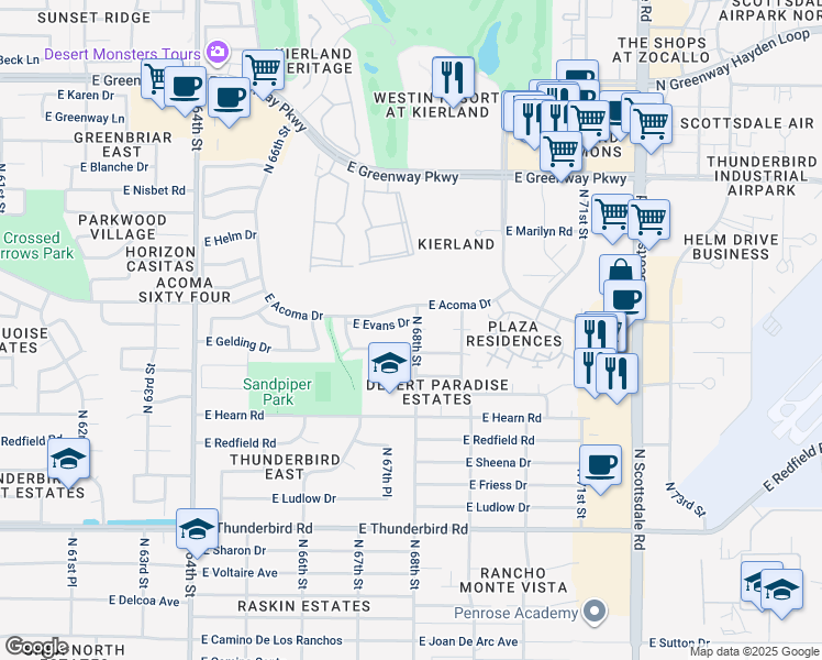 map of restaurants, bars, coffee shops, grocery stores, and more near 6800 East Evans Drive in Scottsdale