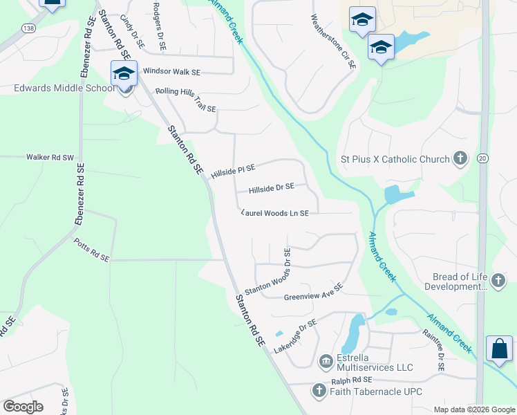map of restaurants, bars, coffee shops, grocery stores, and more near 2621 Laurel Woods Lane Southeast in Conyers