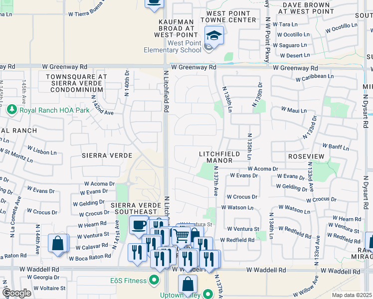 map of restaurants, bars, coffee shops, grocery stores, and more near 13819 West Banff Lane in Surprise