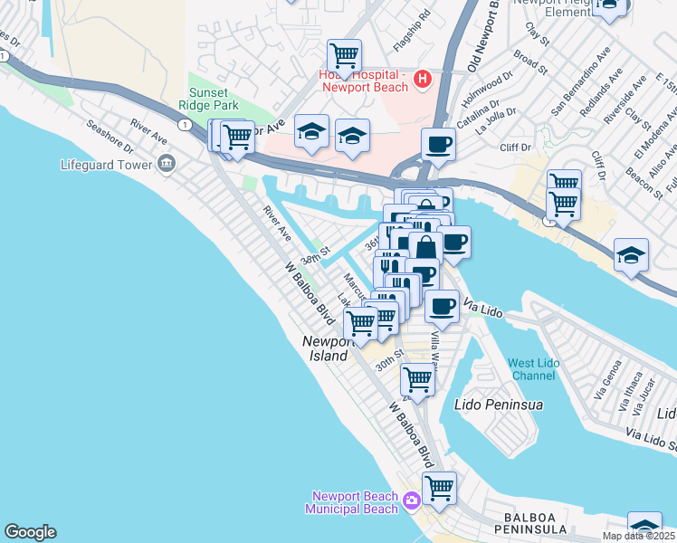 map of restaurants, bars, coffee shops, grocery stores, and more near in Newport Beach