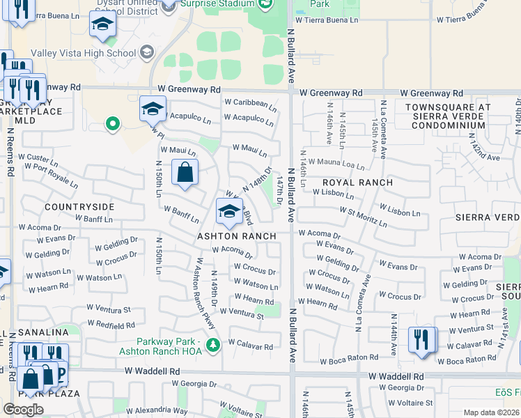 map of restaurants, bars, coffee shops, grocery stores, and more near 14719 North 148th Avenue in Surprise