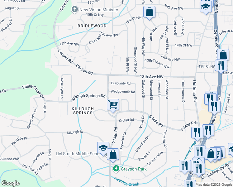 map of restaurants, bars, coffee shops, grocery stores, and more near 1143 6th Street Northwest in Center Point