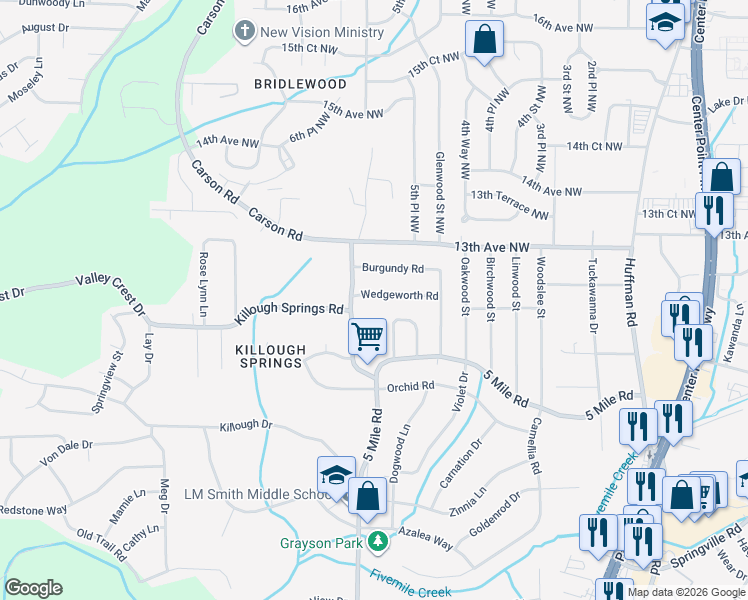 map of restaurants, bars, coffee shops, grocery stores, and more near 441 Wedgeworth Road in Birmingham