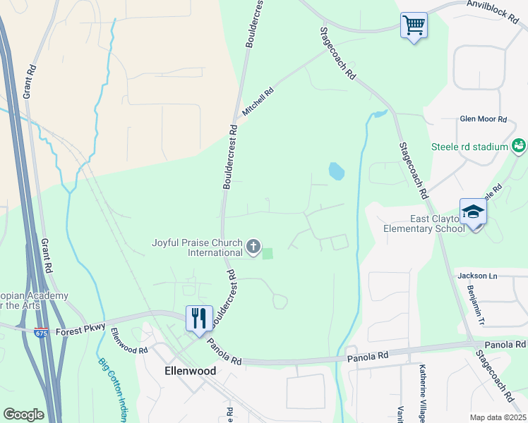 map of restaurants, bars, coffee shops, grocery stores, and more near Jones Road in Ellenwood