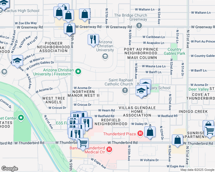 map of restaurants, bars, coffee shops, grocery stores, and more near 5620 West Acoma Drive in Glendale