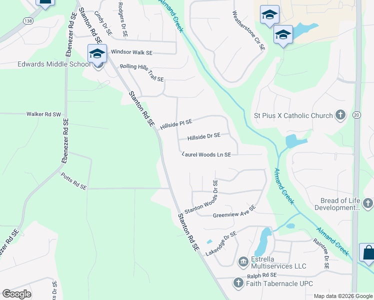 map of restaurants, bars, coffee shops, grocery stores, and more near 2621 Laurel Woods Lane Southeast in Conyers