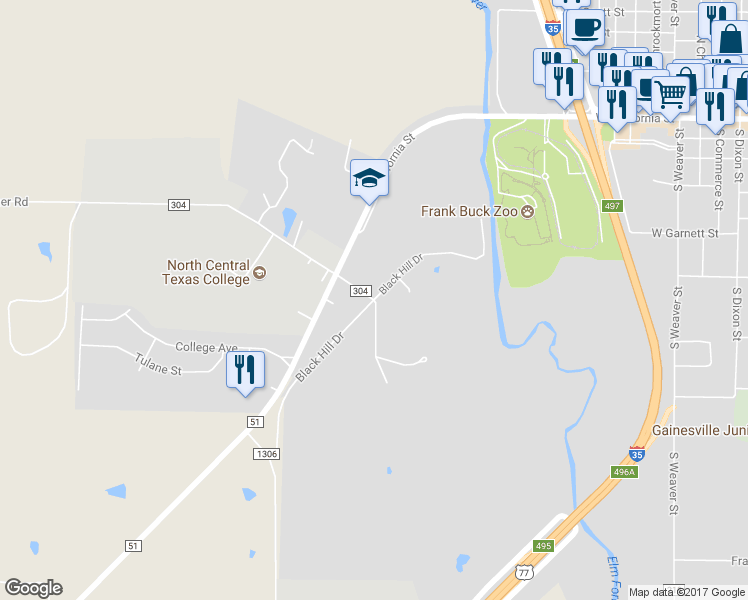map of restaurants, bars, coffee shops, grocery stores, and more near Black Hill Drive in Gainesville