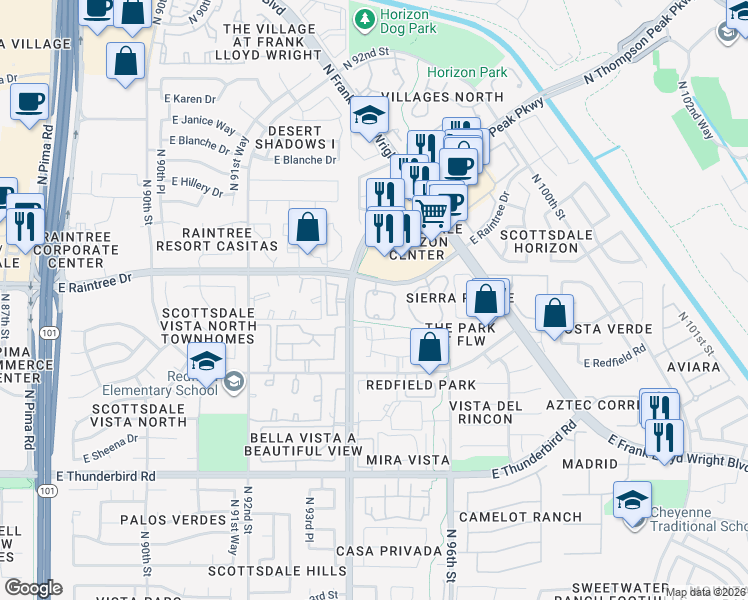 map of restaurants, bars, coffee shops, grocery stores, and more near 9455 East Raintree Drive in Scottsdale
