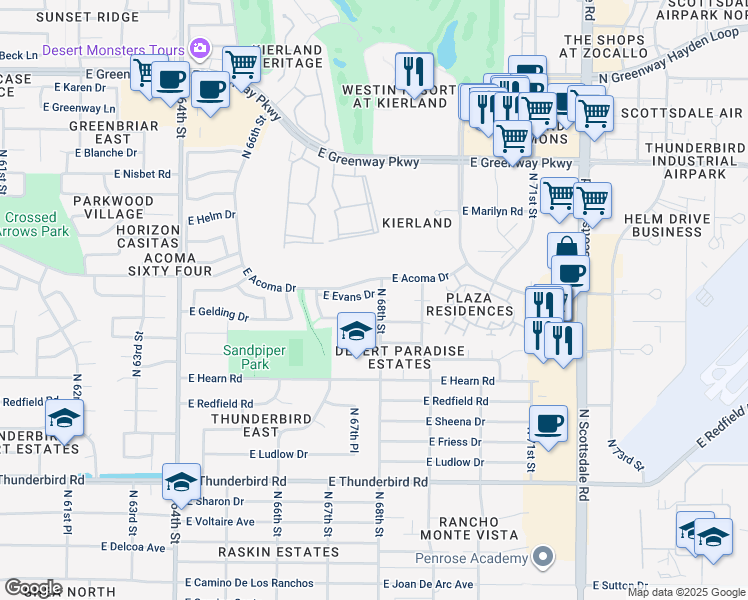 map of restaurants, bars, coffee shops, grocery stores, and more near 6800 East Evans Drive in Scottsdale