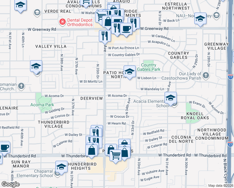 map of restaurants, bars, coffee shops, grocery stores, and more near 3424 West Acoma Drive in Phoenix