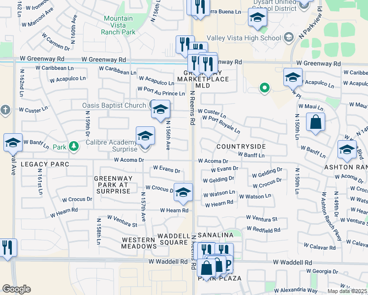 map of restaurants, bars, coffee shops, grocery stores, and more near 15527 West Banff Lane in Surprise