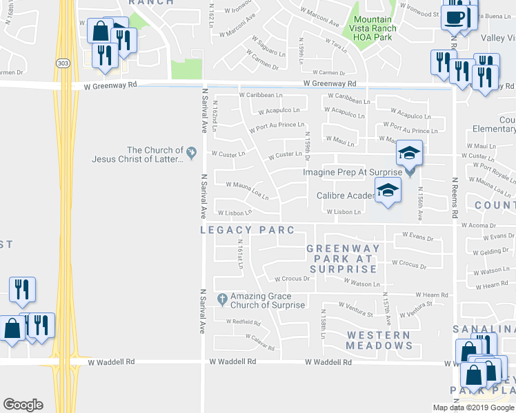 map of restaurants, bars, coffee shops, grocery stores, and more near 16074 West Banff Lane in Surprise