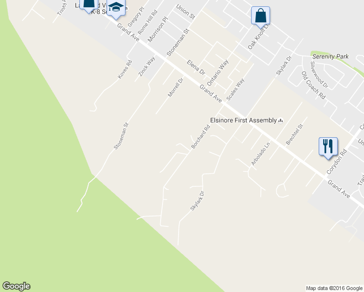 map of restaurants, bars, coffee shops, grocery stores, and more near 34655 Borchard Road in Lake Elsinore