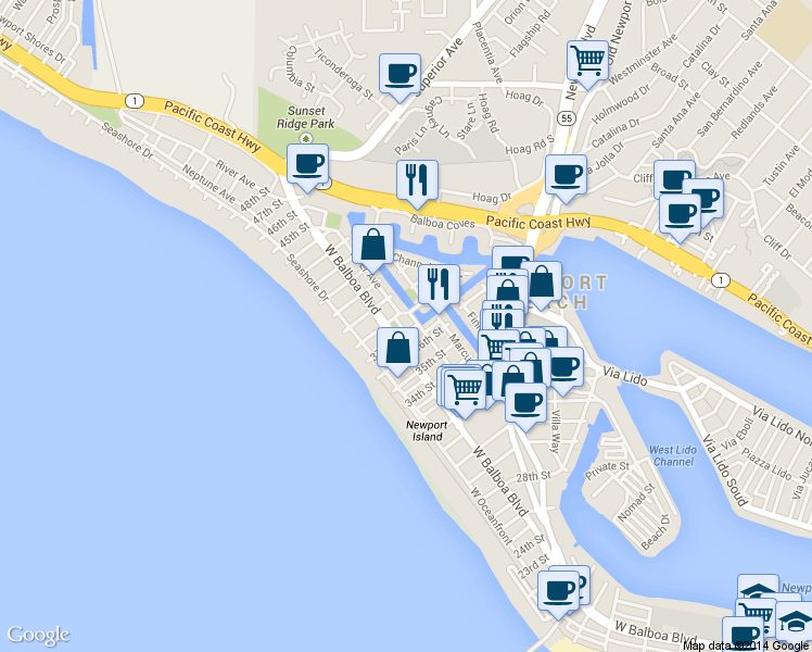 map of restaurants, bars, coffee shops, grocery stores, and more near 3704 Park Lane in Newport Beach
