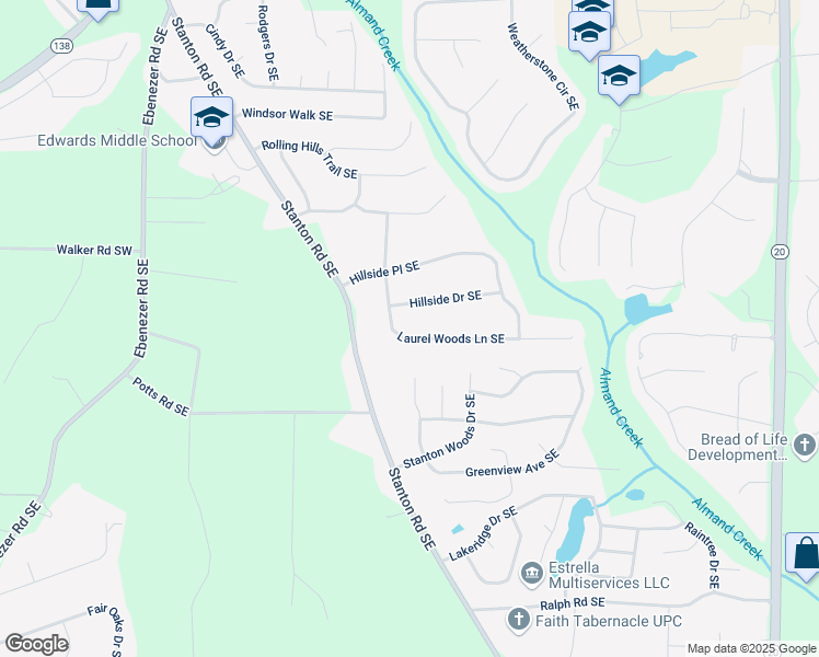map of restaurants, bars, coffee shops, grocery stores, and more near 2617 Laurel Woods Lane Southeast in Conyers
