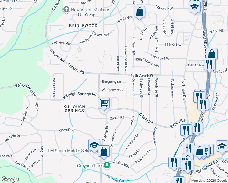 map of restaurants, bars, coffee shops, grocery stores, and more near 428 Wedgeworth Road in Birmingham