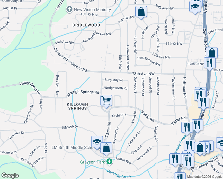 map of restaurants, bars, coffee shops, grocery stores, and more near 428 Wedgeworth Road in Birmingham