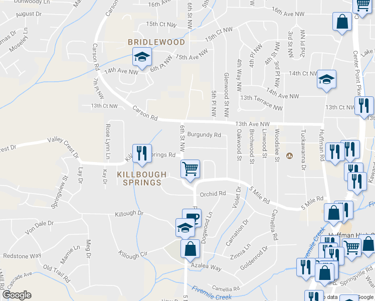 map of restaurants, bars, coffee shops, grocery stores, and more near 1143 6th Street Northwest in Center Point
