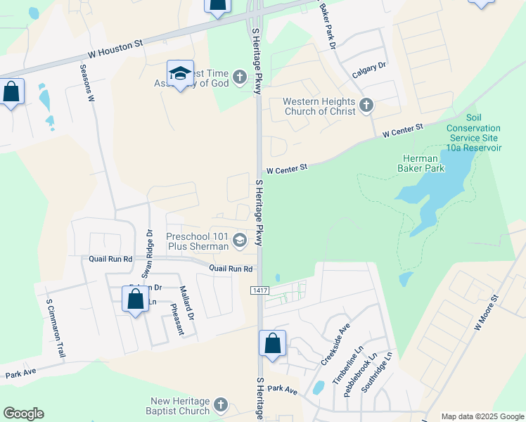 map of restaurants, bars, coffee shops, grocery stores, and more near 800 South Heritage Parkway in Sherman