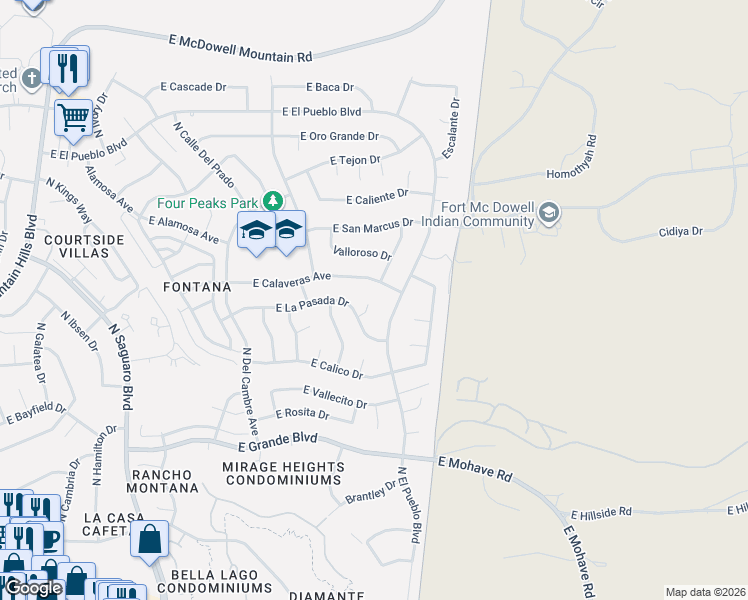 map of restaurants, bars, coffee shops, grocery stores, and more near 14428 North Lariat Lane in Fountain Hills