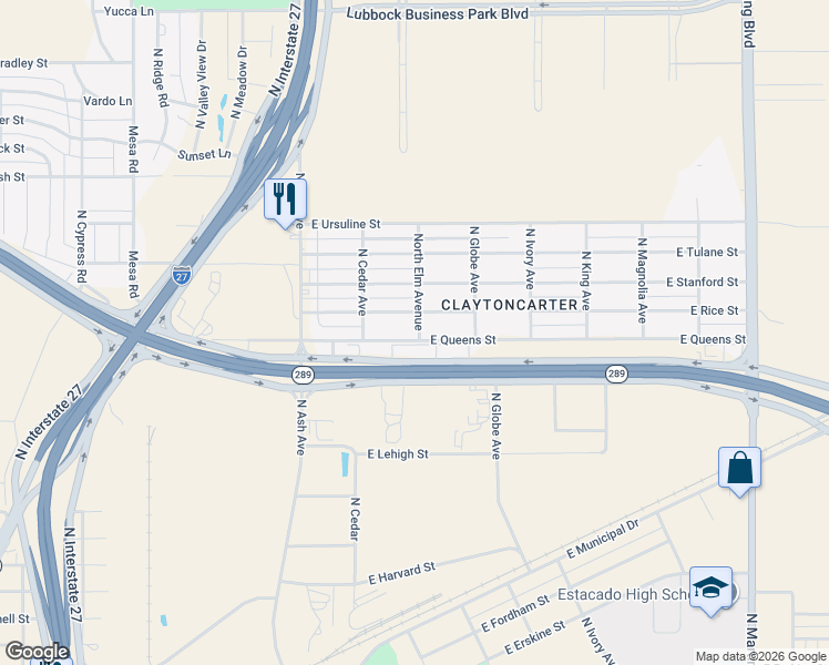 map of restaurants, bars, coffee shops, grocery stores, and more near 314 East Rice Street in Lubbock
