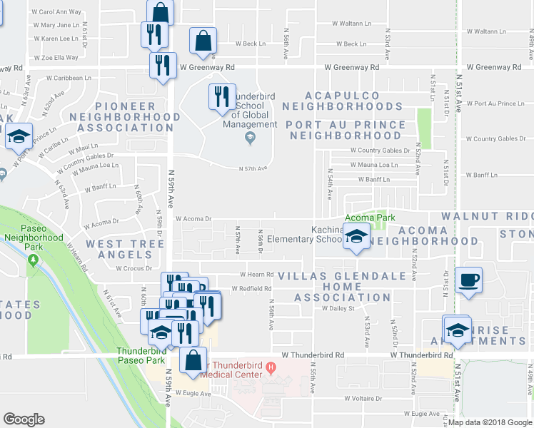 map of restaurants, bars, coffee shops, grocery stores, and more near 5608 West Acoma Drive in Glendale