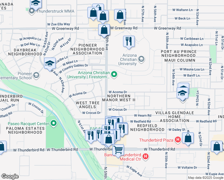 map of restaurants, bars, coffee shops, grocery stores, and more near 5838 West Acoma Drive in Glendale