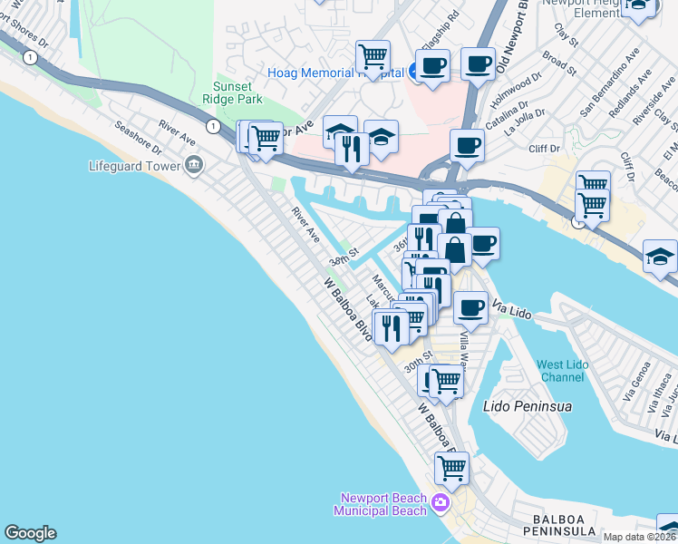 map of restaurants, bars, coffee shops, grocery stores, and more near 3704 Park Lane in Newport Beach