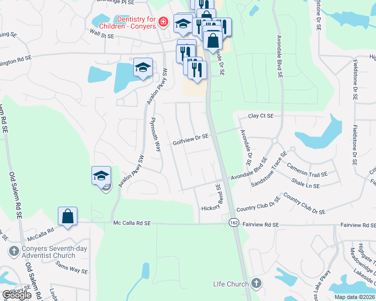 map of restaurants, bars, coffee shops, grocery stores, and more near 2126 Fieldstone View Court Southeast in Conyers