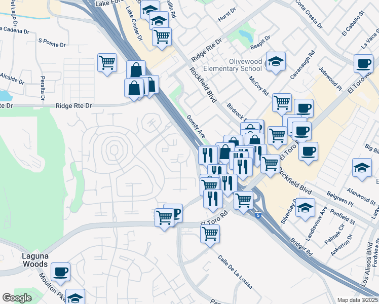 map of restaurants, bars, coffee shops, grocery stores, and more near 2122 Ronda Granada in Laguna Woods
