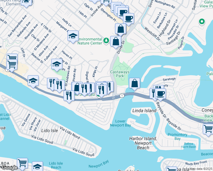map of restaurants, bars, coffee shops, grocery stores, and more near 125 Kings Place in Newport Beach
