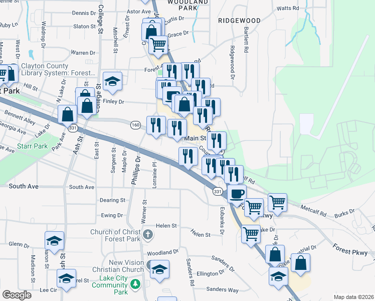 map of restaurants, bars, coffee shops, grocery stores, and more near 4989 Courtney Drive in Forest Park