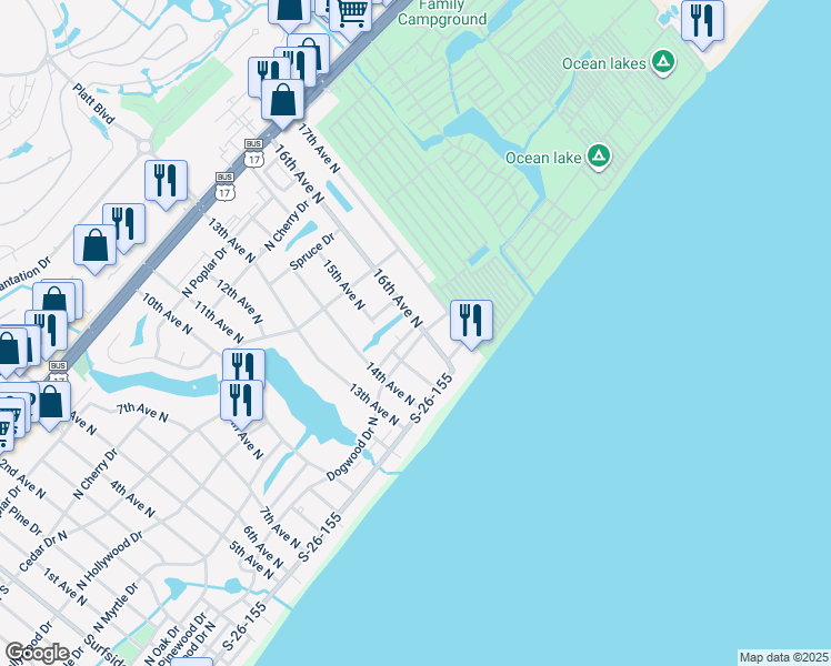 map of restaurants, bars, coffee shops, grocery stores, and more near 1519 North Palmetto Drive in Surfside Beach