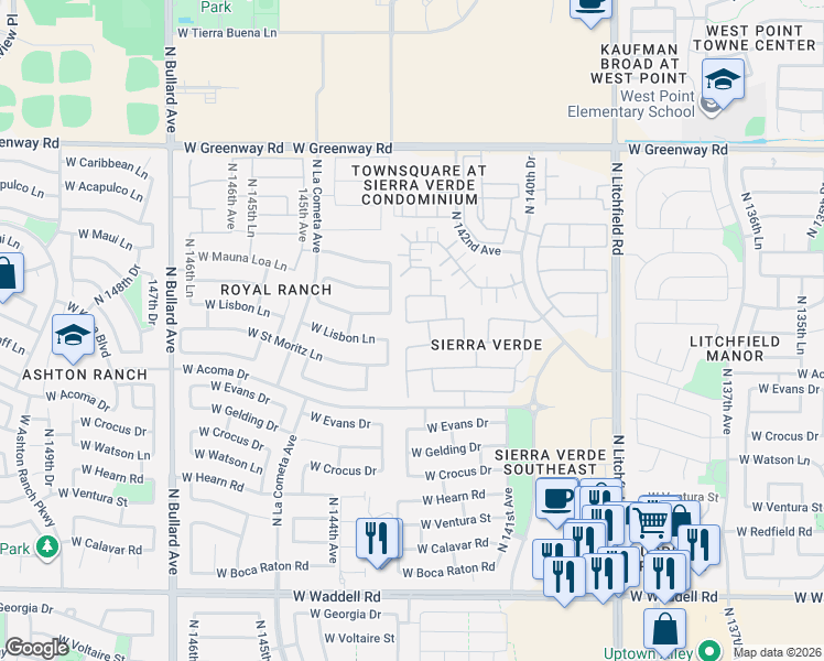 map of restaurants, bars, coffee shops, grocery stores, and more near 14219 West Banff Lane in Surprise