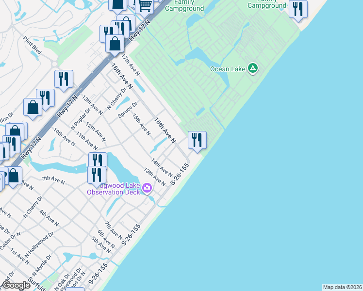 map of restaurants, bars, coffee shops, grocery stores, and more near 1519 North Palmetto Drive in Surfside Beach
