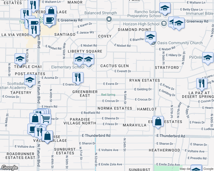 map of restaurants, bars, coffee shops, grocery stores, and more near 5237 East Evans Drive in Scottsdale