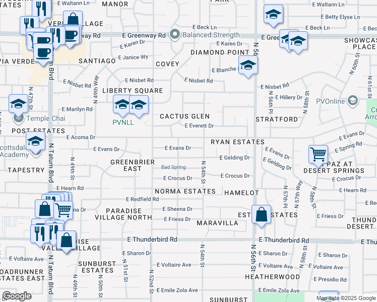 map of restaurants, bars, coffee shops, grocery stores, and more near 5319 East Evans Drive in Scottsdale