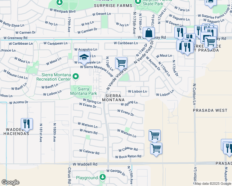 map of restaurants, bars, coffee shops, grocery stores, and more near 14719 North 176th Avenue in Surprise