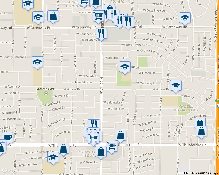 map of restaurants, bars, coffee shops, grocery stores, and more near 3424 West Acoma Drive in Phoenix