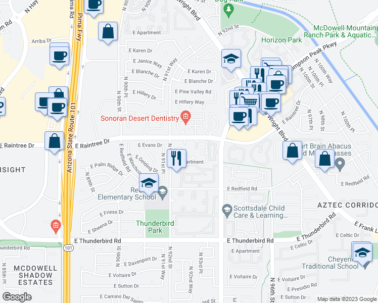 map of restaurants, bars, coffee shops, grocery stores, and more near 9259 East Raintree Drive in Scottsdale