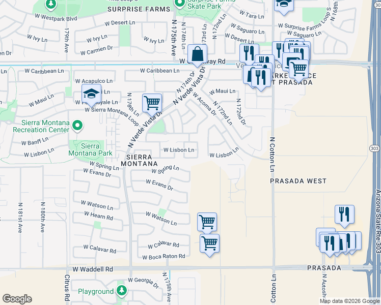 map of restaurants, bars, coffee shops, grocery stores, and more near 17427 West Lisbon Lane in Surprise