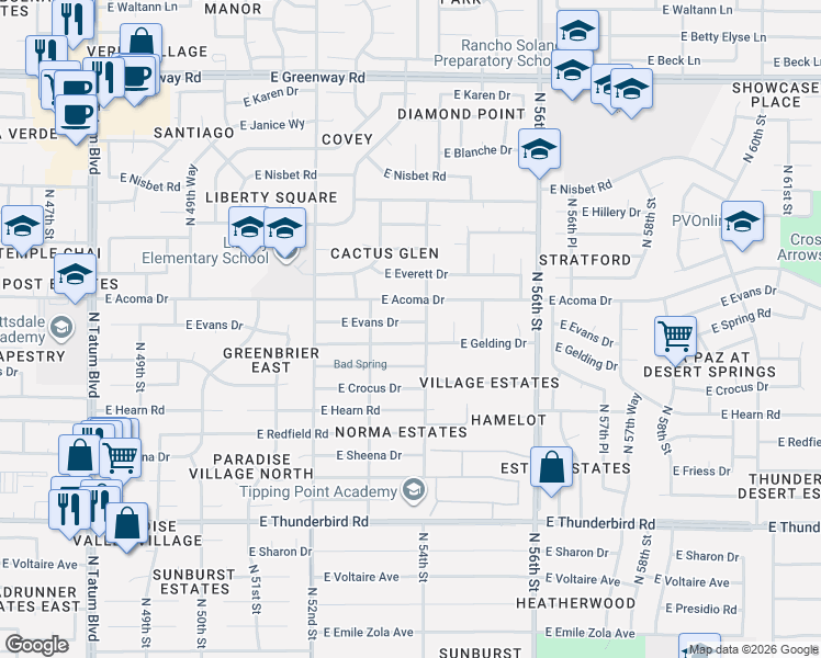 map of restaurants, bars, coffee shops, grocery stores, and more near 5319 East Evans Drive in Scottsdale